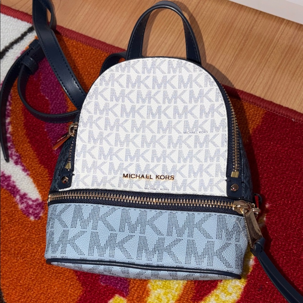 Michael Kors Rhea Mini Monogram White and Blue Backpack